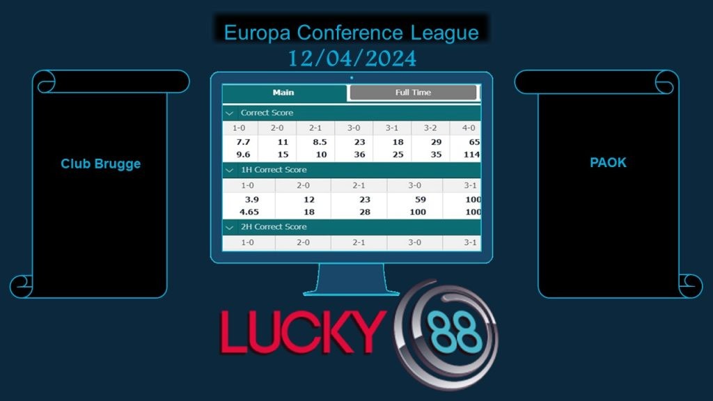 LUCKY88 Club Brugge vs PAOK, Soi kèo bóng đá hôm nay 12/04/2024, Europa Conference League
