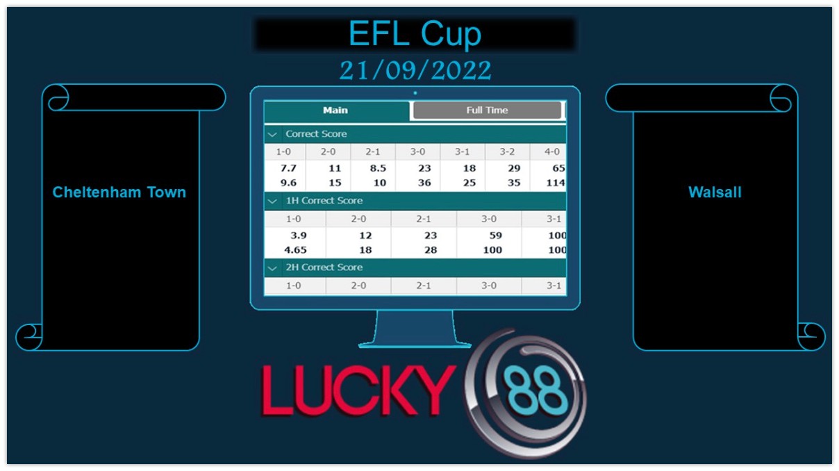 LUCKY88 Cheltenham Town vs Walsall , Soi kèo bóng đá hôm nay 21/09/2022, EFL Cup